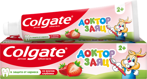 Зубная паста детская COLGATE Доктор Заяц со вкусом клубники, защита от кариеса с фторидом, с 2 лет, 50мл, крупный план
