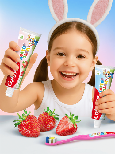 Зубная паста детская COLGATE Доктор Заяц со вкусом клубники, защита от кариеса с фторидом, с 2 лет, 50мл, крупный план