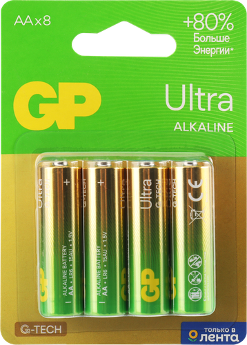 Батарейки алкалиновые GP Ultra Alkaline AА, 8шт, крупный план