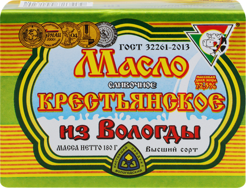 Масло сливочное ИЗ ВОЛОГДЫ Крестьянское 72,5%, без змж, 180г, крупный план