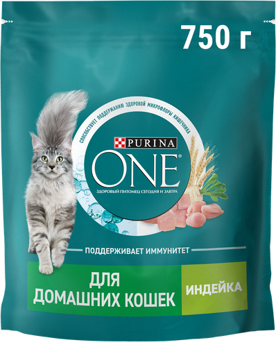 Корм сухой для взрослых кошек PURINA ONE живущих в домашних условиях, с высоким содержанием индейки и цельными злаками, 750г, изображение
