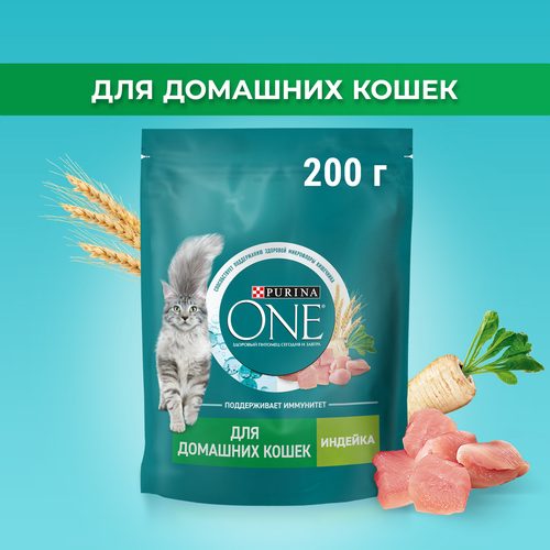 Корм сухой для взрослых кошек PURINA ONE живущих в домашних условиях, с высоким содержанием индейки и цельными злаками, 200г, крупный план