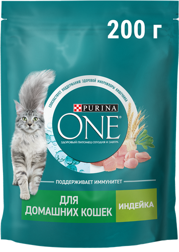 Корм сухой для взрослых кошек PURINA ONE живущих в домашних условиях, с высоким содержанием индейки и цельными злаками, 200г, детальное фото