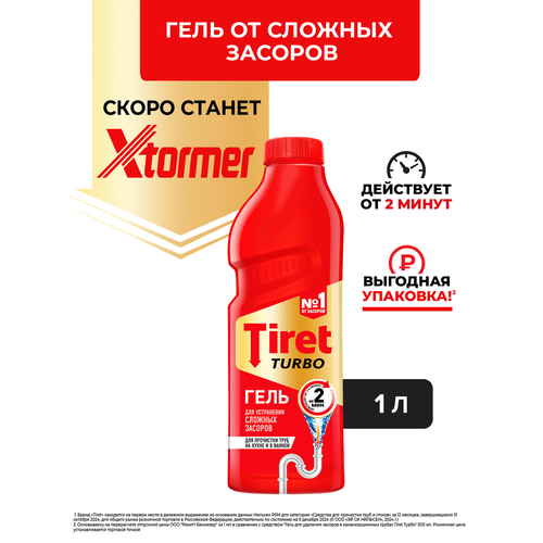 Гель для удаления засоров в канализационных трубах TIRET Turbo, 1л, крупный план