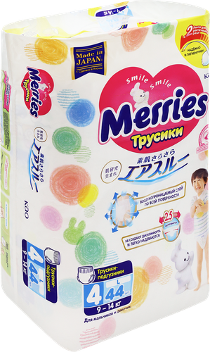 Подгузники-трусики MERRIES L 9–14кг, 44шт, крупный план