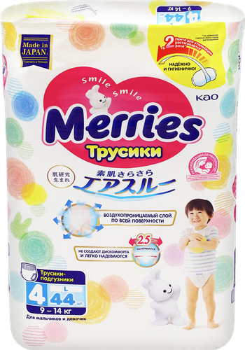 Подгузники-трусики MERRIES L 9–14кг, 44шт, картинка
