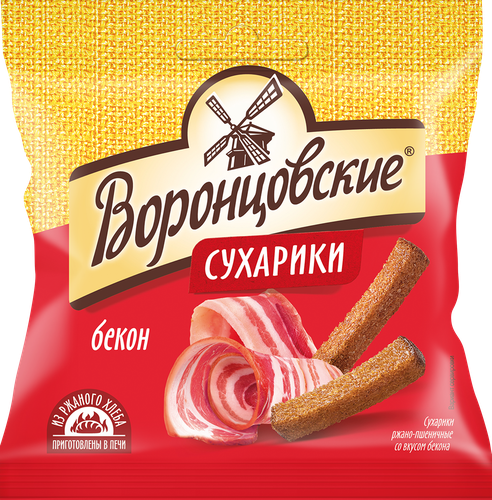 Сухарики ВОРОНЦОВСКИЕ ржано-пшеничные, со вкусом бекона, 80г, крупный план