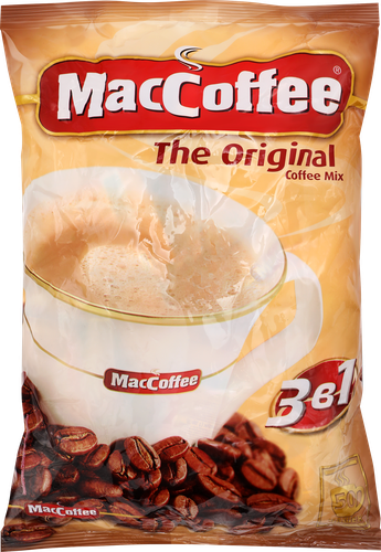 Напиток кофейный растворимый MACCOFFEE Original 3в1, 50пак, крупный план