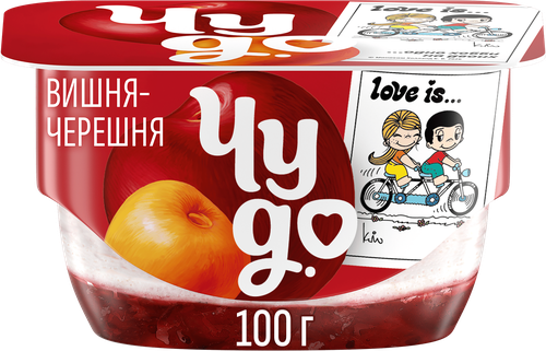 Десерт творожный ЧУДО Творожок взбитый двухслойный Вишня, черешня 4%, без змж, 100г, вид