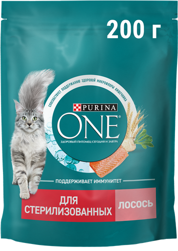 Корм сухой для взрослых кошек PURINA ONE для стерилизованных и кастрированных, с высоким содержанием лосося и пшеницей 200г, картинка