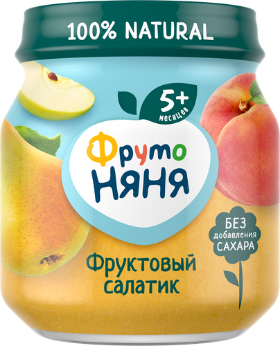 Пюре фруктовое ФРУТОНЯНЯ Фруктовый салатик Яблоко, груша, персик, с 5 месяцев, 100г, картинка