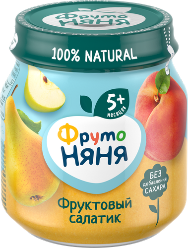 Пюре фруктовое ФРУТОНЯНЯ Фруктовый салатик Яблоко, груша, персик, с 5 месяцев, 100г, крупный план