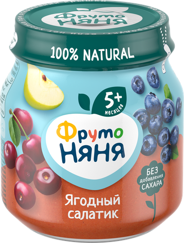Пюре ягодно-фруктовое ФРУТОНЯНЯ Ягодный салатик Яблоко, черника и вишня, с 5 месяцев, 100г, вид