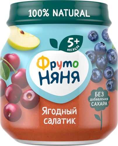 Пюре ягодно-фруктовое ФРУТОНЯНЯ Ягодный салатик Яблоко, черника и вишня, с 5 месяцев, 100г, детальное фото