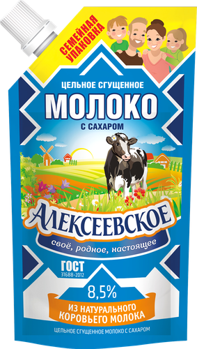 Молоко сгущенное АЛЕКСЕЕВСКОЕ цельное с сахаром 8,5%, без змж ГОСТ, 650г, крупный план