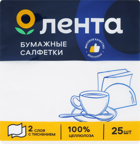 Салфетки бумажные ЛЕНТА 2 слоя белые 33x33см, 25шт, картинка