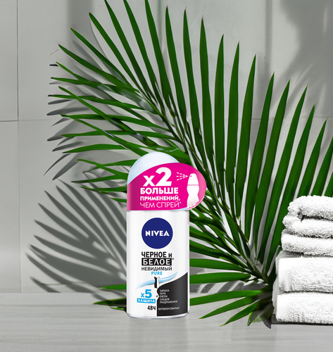 Дезодорант-антиперспирант роликовый женский NIVEA Pure Черное и Белое Невидимая защита, 50мл, крупный план
