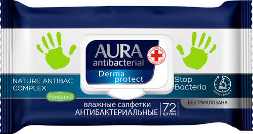 Салфетки влажные AURA Antibacterial Derma Protect антибактериальные, 72шт, изображение