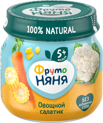 Пюре овощное ФРУТОНЯНЯ Овощной салатик Цветная капуста, кукуруза и морковь, с 5 месяцев, 80г, вид