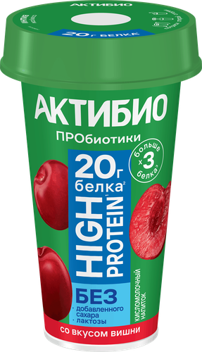 Напиток кисломолочный АКТИБИО высокобелковый безлактозный со вкусом вишни, 20г белка, без сахара 1,5%, без змж, 190г, детальное фото