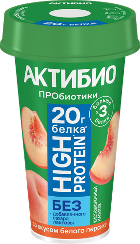 Напиток кисломолочный АКТИБИО высокобелковый безлактозный со вкусом белого персика, 20г белка, без сахара 1,5%, без змж, 190г, фотография