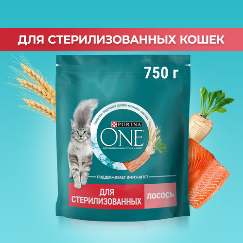 Корм сухой для взрослых кошек PURINA ONE для стерилизованных и кастрированных, с высоким содержанием лосося и пшеницей, 750г, вид