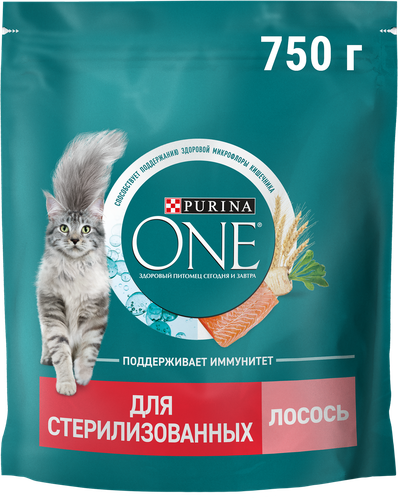 Корм сухой для взрослых кошек PURINA ONE для стерилизованных и кастрированных, с высоким содержанием лосося и пшеницей, 750г, фотография