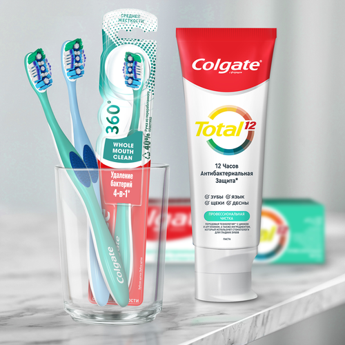 Зубная щетка COLGATE 360 Суперчистота всей полости рта, антибактериальная, средней жесткости, 1+1, 2шт, изображение