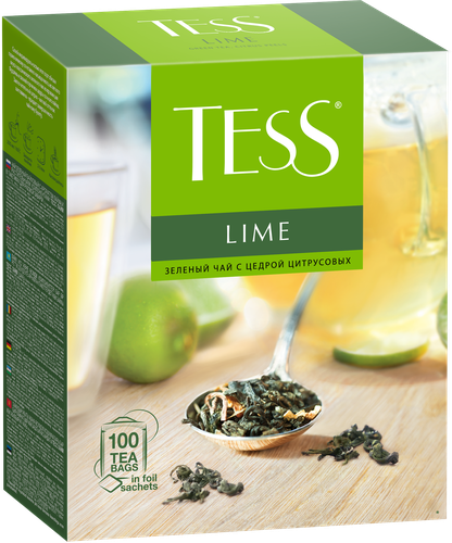 Чай зеленый TESS Lime с цедрой цитрусовых и ароматом лайма, 100пак, крупный план