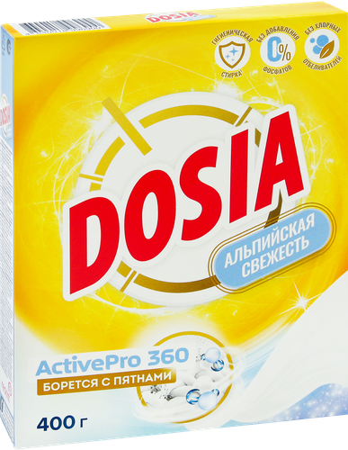 Стиральный порошок для белого белья DOSIA Automat Альпийская свежесть синтетическое, автомат, 400г, крупный план