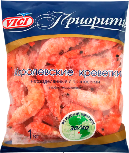 Креветки Королевские варено-мороженые VICI в панцире 30/40, 1000г, картинка