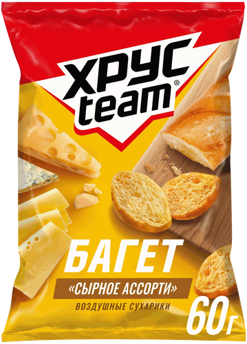 Сухарики ХРУСTEAM багет Сырное ассорти, 60г, крупный план