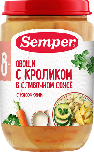 Пюре мясо-овощное SEMPER Овощи с кроликом в сливочном соусе, с 8 месяцев, 190г, крупный план