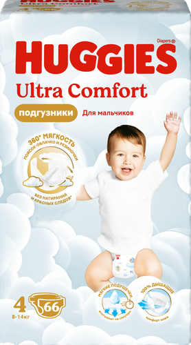 Подгузники для мальчиков HUGGIES Ultra Comfort 4 8–14кг, 66шт, картинка