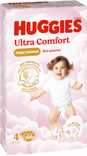 Подгузники для девочек HUGGIES Ultra Comfort 4 8–14кг, 66шт, крупный план