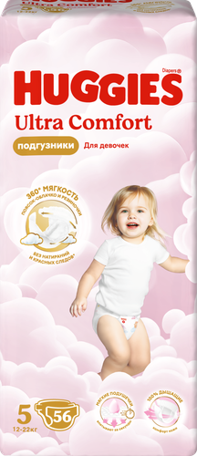 Подгузники для девочек HUGGIES Ultra Comfort 5 12–22кг, 56шт, крупный план