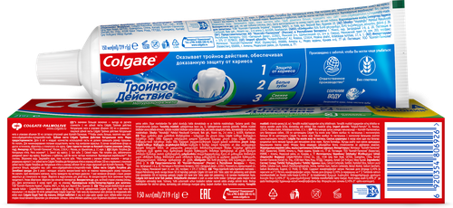 Зубная паста COLGATE Тройное действие Натуральная мята для защиты от кариеса, удаления потемнений с зубов и свежего дыхания, 150мл, крупный план