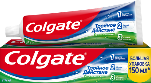 Зубная паста COLGATE Тройное действие Натуральная мята для защиты от кариеса, удаления потемнений с зубов и свежего дыхания, 150мл, детальное фото