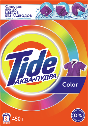 Стиральный порошок для цветного белья TIDE Аквапудра Color, автомат, 450г, крупный план
