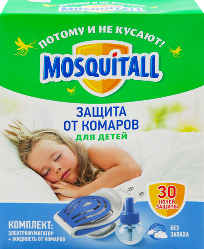 Комплект от комаров детский MOSQUITALL Нежная защита: Электрофумигатор + жидкость 30 ночей, 30мл, изображение