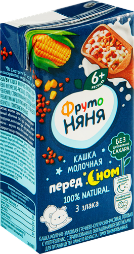Кашка мультизлаковая ФРУТОНЯНЯ молочная, гречка, кукуруза и рис с  пребиотиками, с 6 месяцев, 200мл, фотография