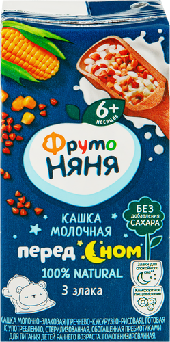 Кашка мультизлаковая ФРУТОНЯНЯ молочная, гречка, кукуруза и рис с  пребиотиками, с 6 месяцев, 200мл, крупный план