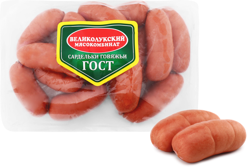 Сардельки говяжьи МК ВЕЛИКОЛУКСКИЙ ГОСТ черева, весовые, картинка