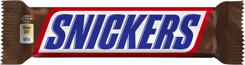 Батончик шоколадный SNICKERS с карамелью, арахисом и нугой, 50,5г, крупный план