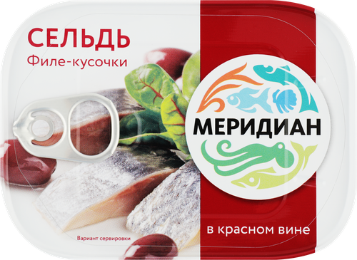 Сельдь МЕРИДИАН Дингли филе-кусочки в красном вине, 115г, фотография