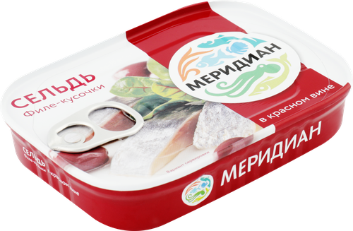 Сельдь МЕРИДИАН Дингли филе-кусочки в красном вине, 115г, вид
