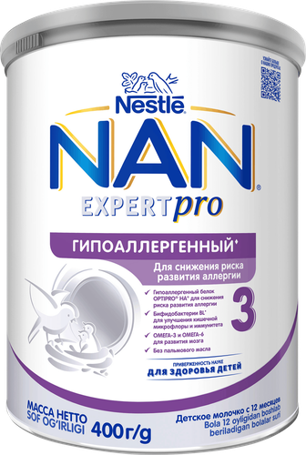Молочко детское NAN 3 Гипоаллергенный, с 12 месяцев, 400г, крупный план