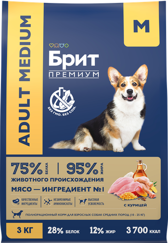 Корм сухой для собак Brit Premium Adultм для средних пород, 3кг, детальное фото