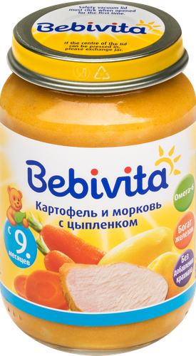 Пюре мясо-растительное BEBIVITA Картофель и морковь с цыпленком, с 9 месяцев, 190г, фотография
