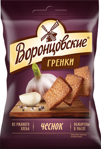 Сухарики ржаные ВОРОНЦОВСКИЕ со вкусом чеснока, 60г, крупный план